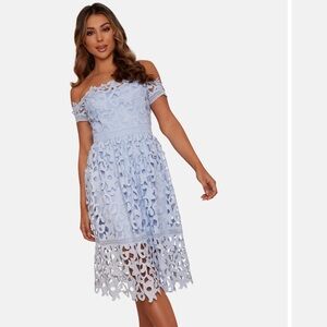 Chi Chi London Bardot Lace Midi Crochet Dress in Blue